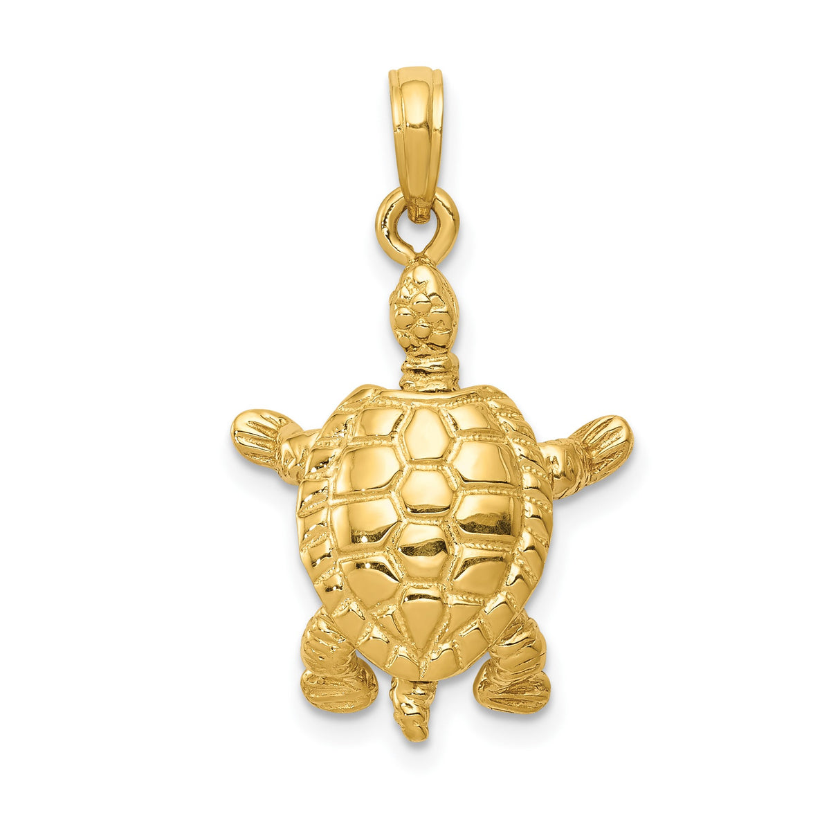 14k Yellow Gold Turtle Pendant with Textured Shell and Flipper Detail