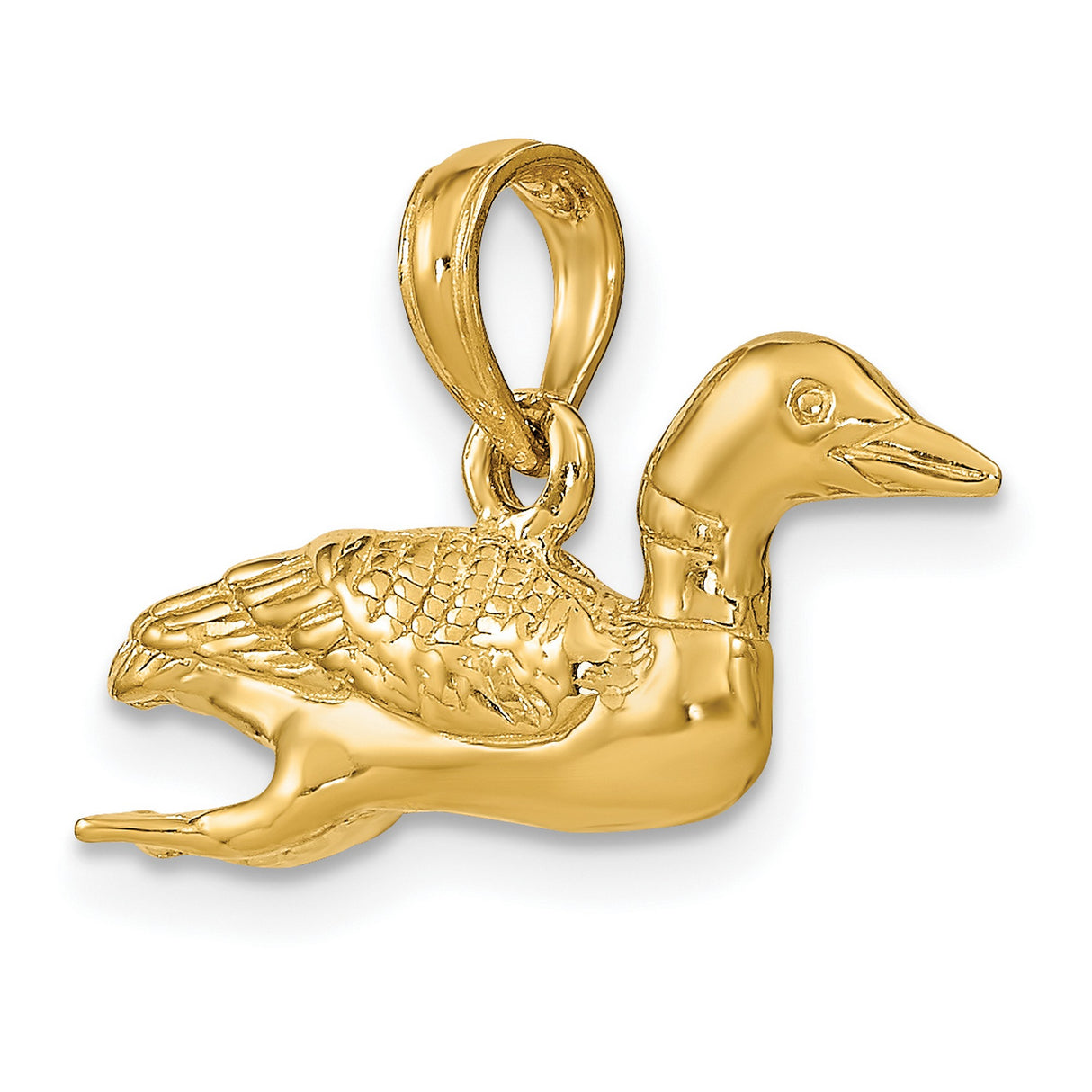 14k Yellow Gold Loon Bird Pendant with Feather Detail, Wildlife and Nature Theme