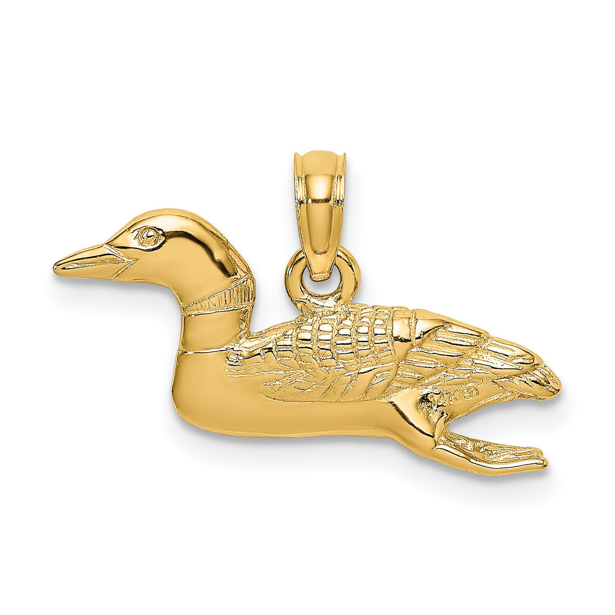 14k Yellow Gold Loon Bird Pendant with Feather Detail, Wildlife and Nature Theme