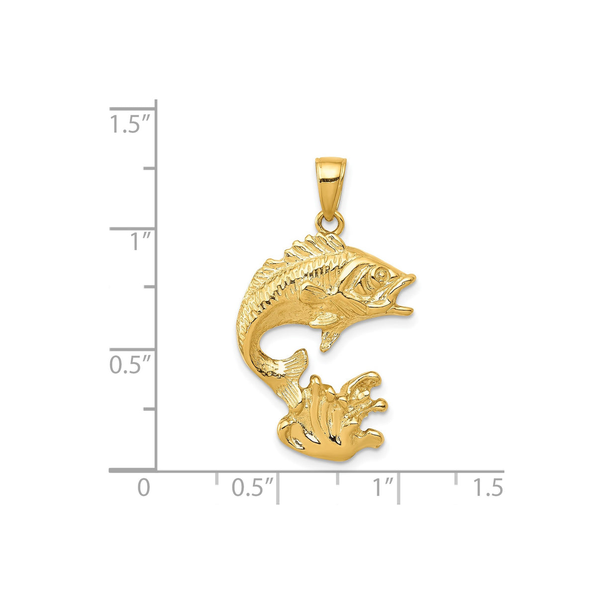 14k Yellow Gold Jumping Bass Pendant, Realistic Fish Outdoor Charm for Anglers