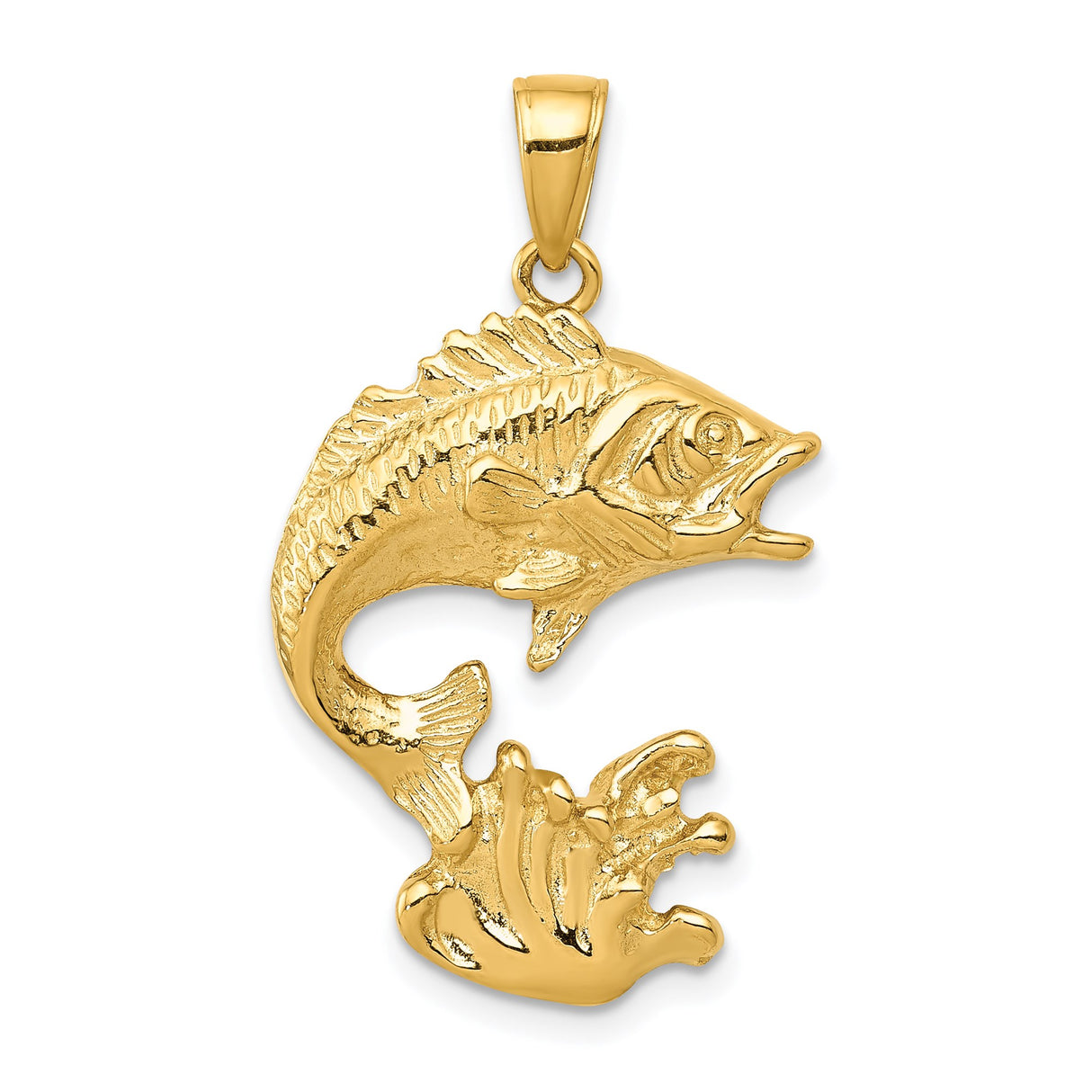 14k Yellow Gold Jumping Bass Pendant, Realistic Fish Outdoor Charm for Anglers