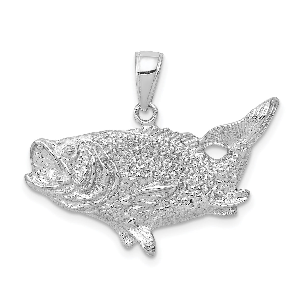 14k White Gold Bass Pendant with Realistic Fish Design, Nautical Fishing Charm for Men and Women
