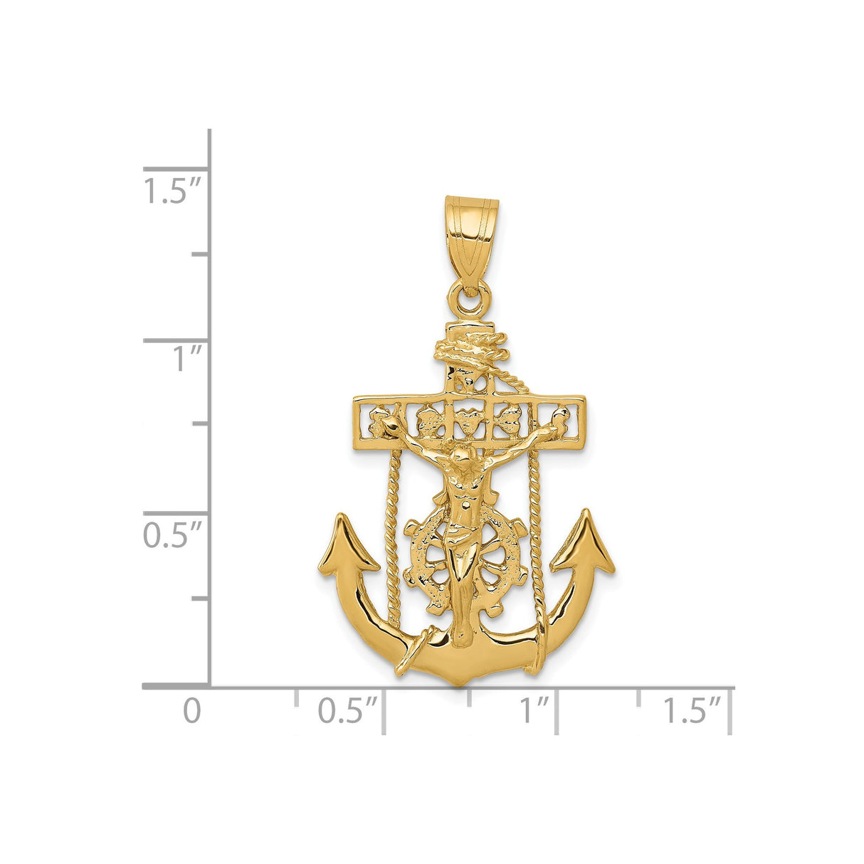 14k Yellow Gold Anchor Crucifix Pendant with Rope Detail, Nautical Christian Cross Charm