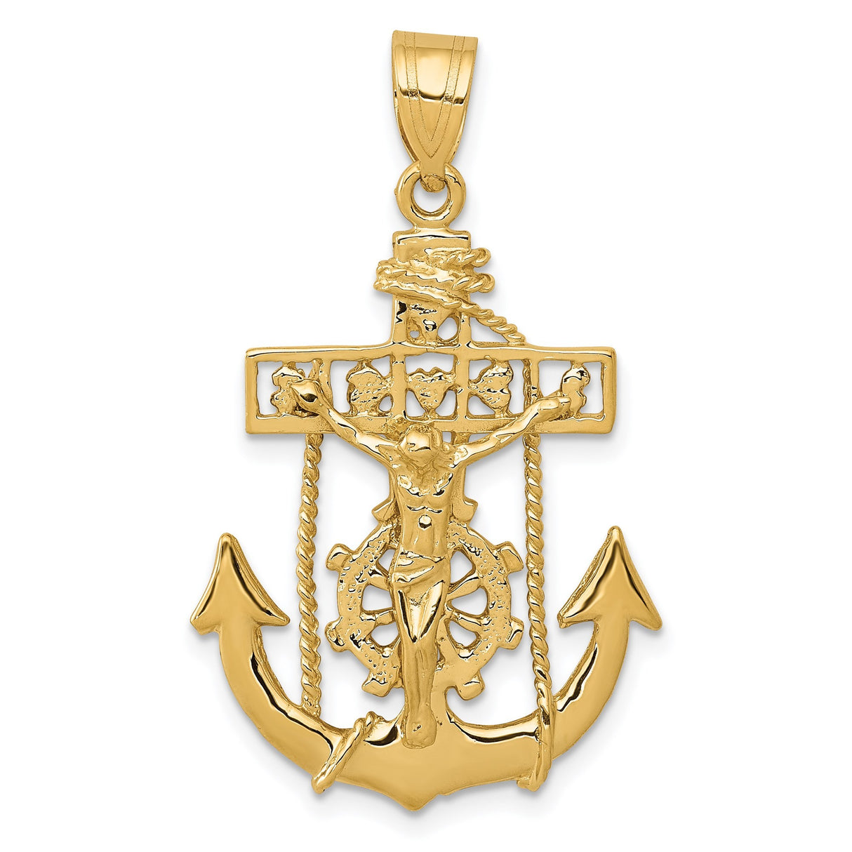 14k Yellow Gold Anchor Crucifix Pendant with Rope Detail, Nautical Christian Cross Charm