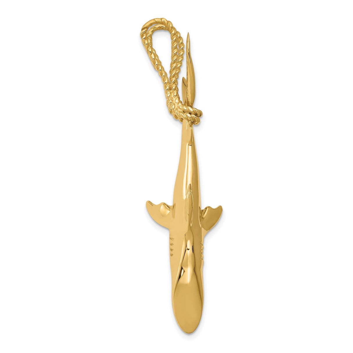 14k Yellow Gold Shark Pendant, Realistic Great White Hanging by Rope, Nautical Charm for Men or Unisex