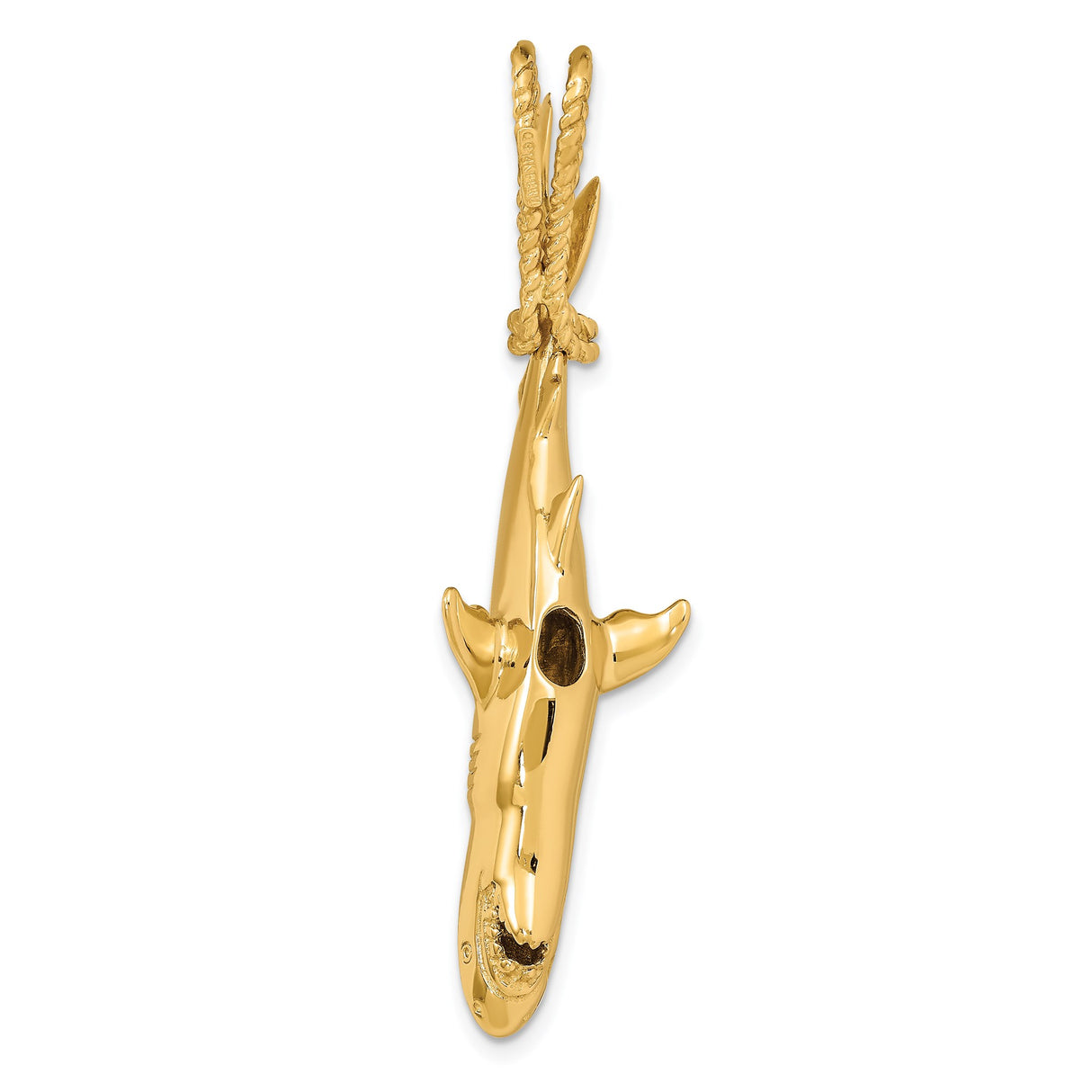 14k Yellow Gold Shark Pendant, Realistic Great White Hanging by Rope, Nautical Charm for Men or Unisex