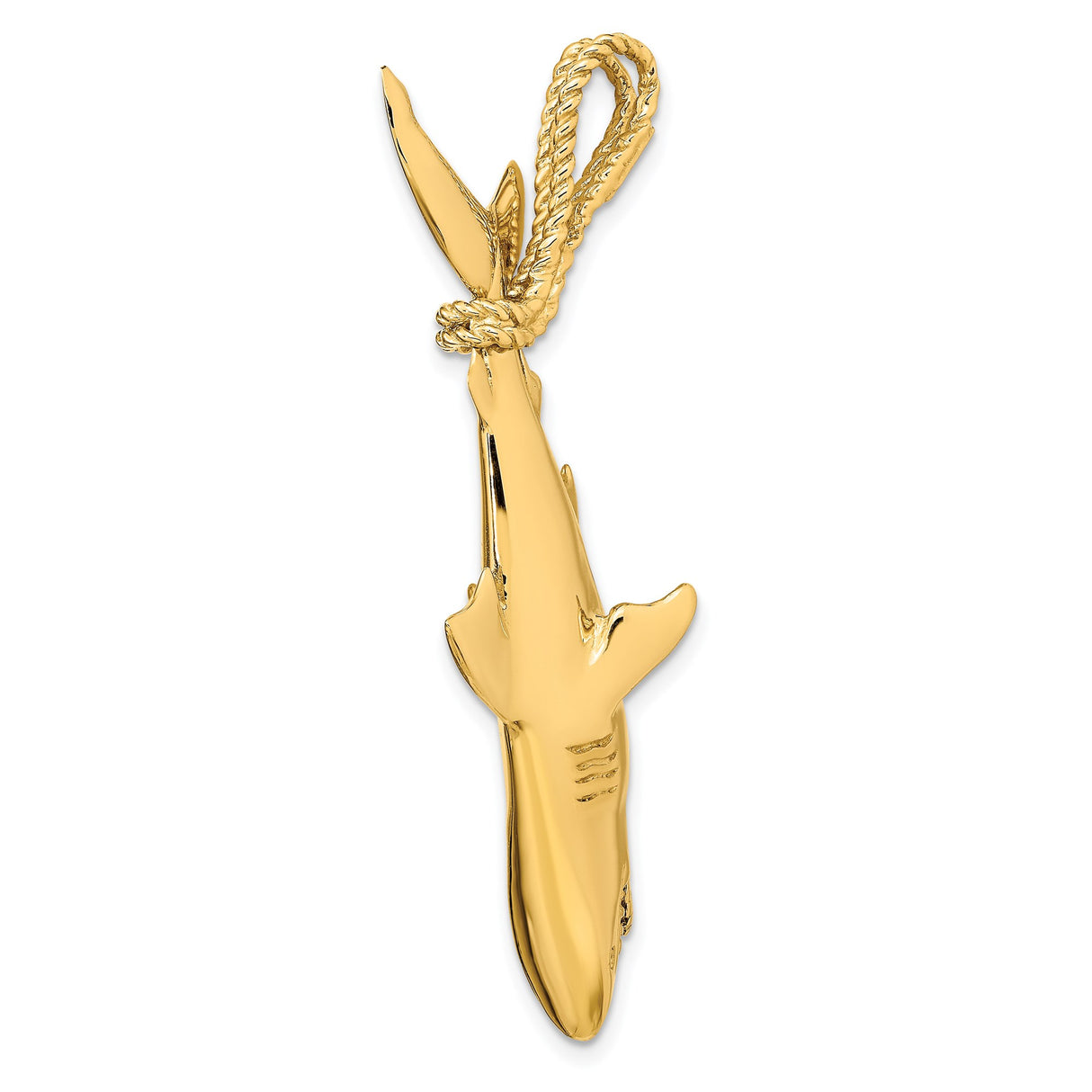 14k Yellow Gold Shark Pendant, Realistic Great White Hanging by Rope, Nautical Charm for Men or Unisex