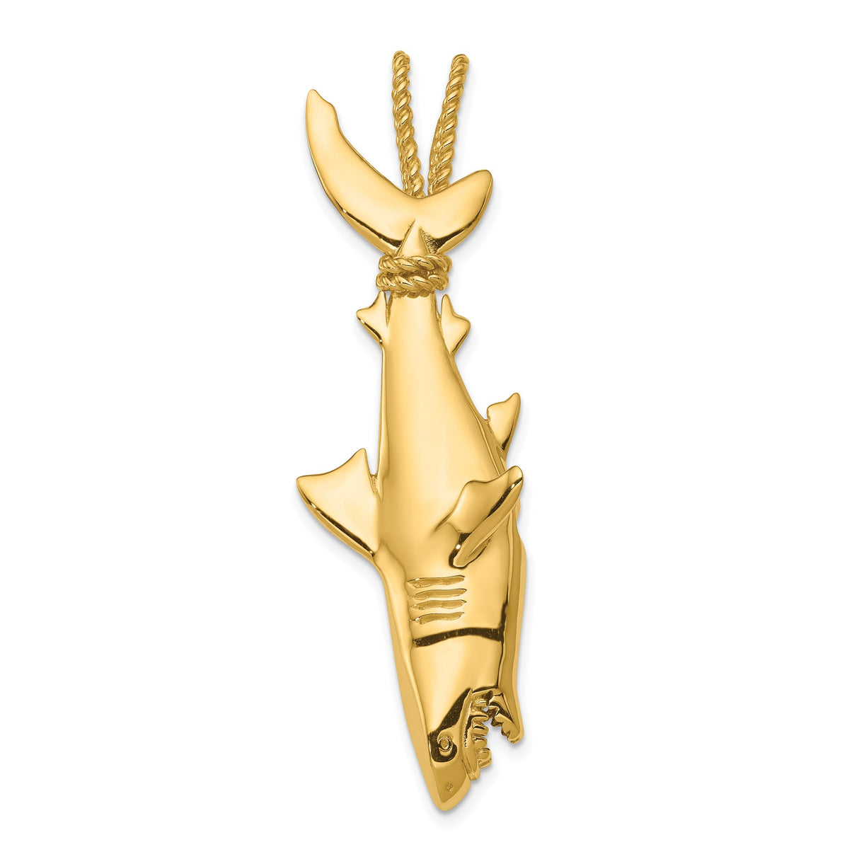 14k Yellow Gold Shark Pendant, Realistic Great White Hanging by Rope, Nautical Charm for Men or Unisex