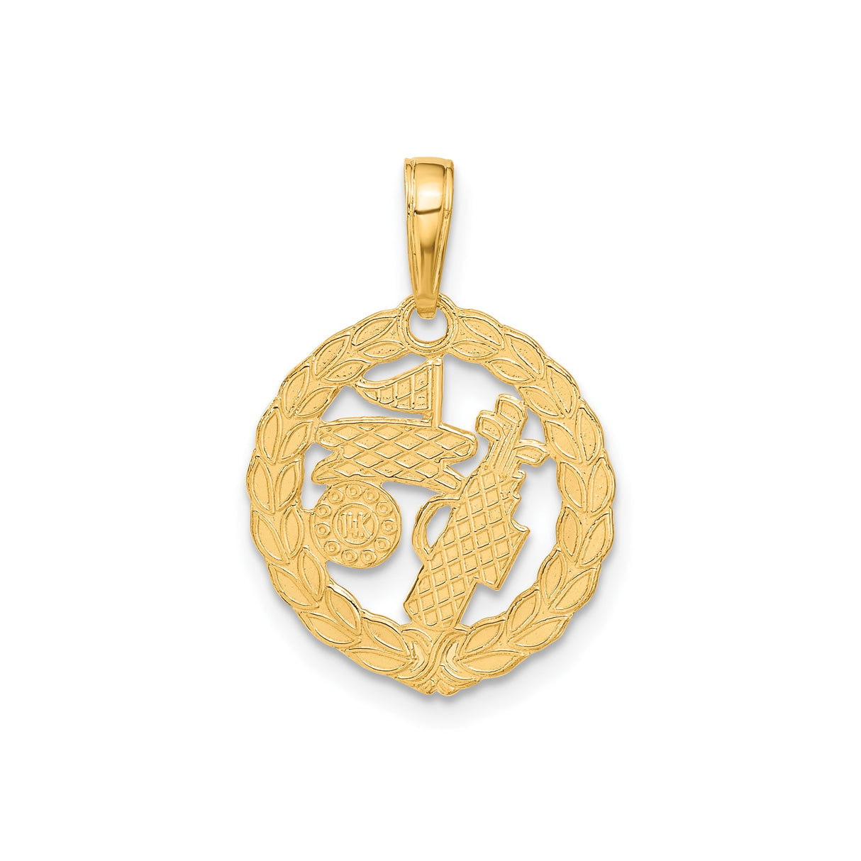 14k Yellow Gold Golf Bag Flag Pendant with Laurel Wreath Design for Men and Women