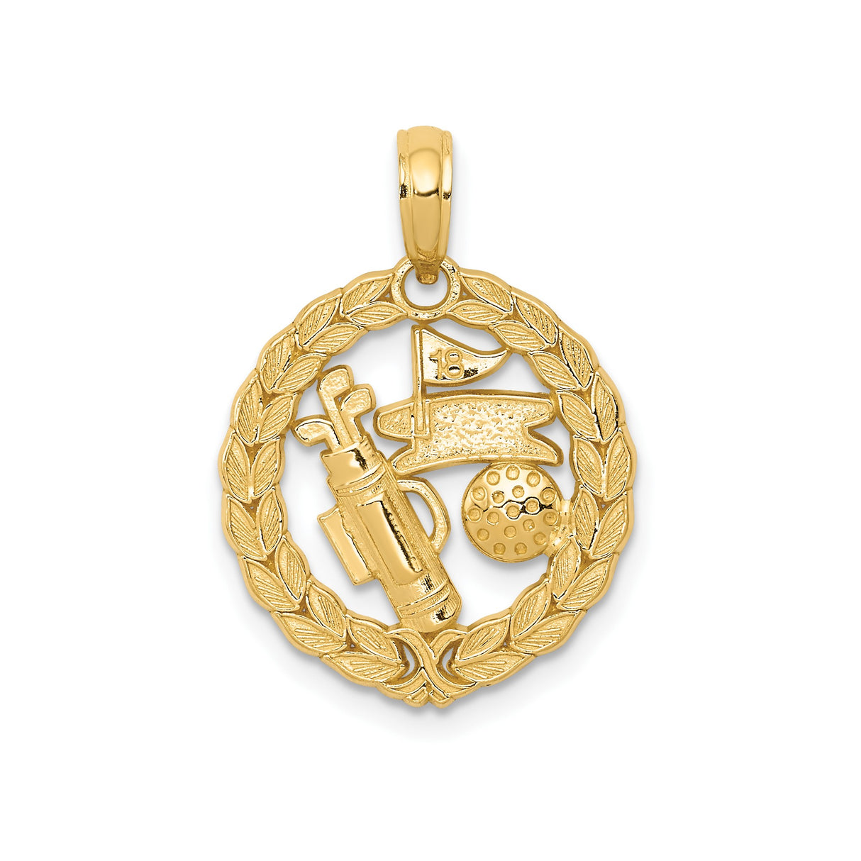 14k Yellow Gold Golf Bag Flag Pendant with Laurel Wreath Design for Men and Women