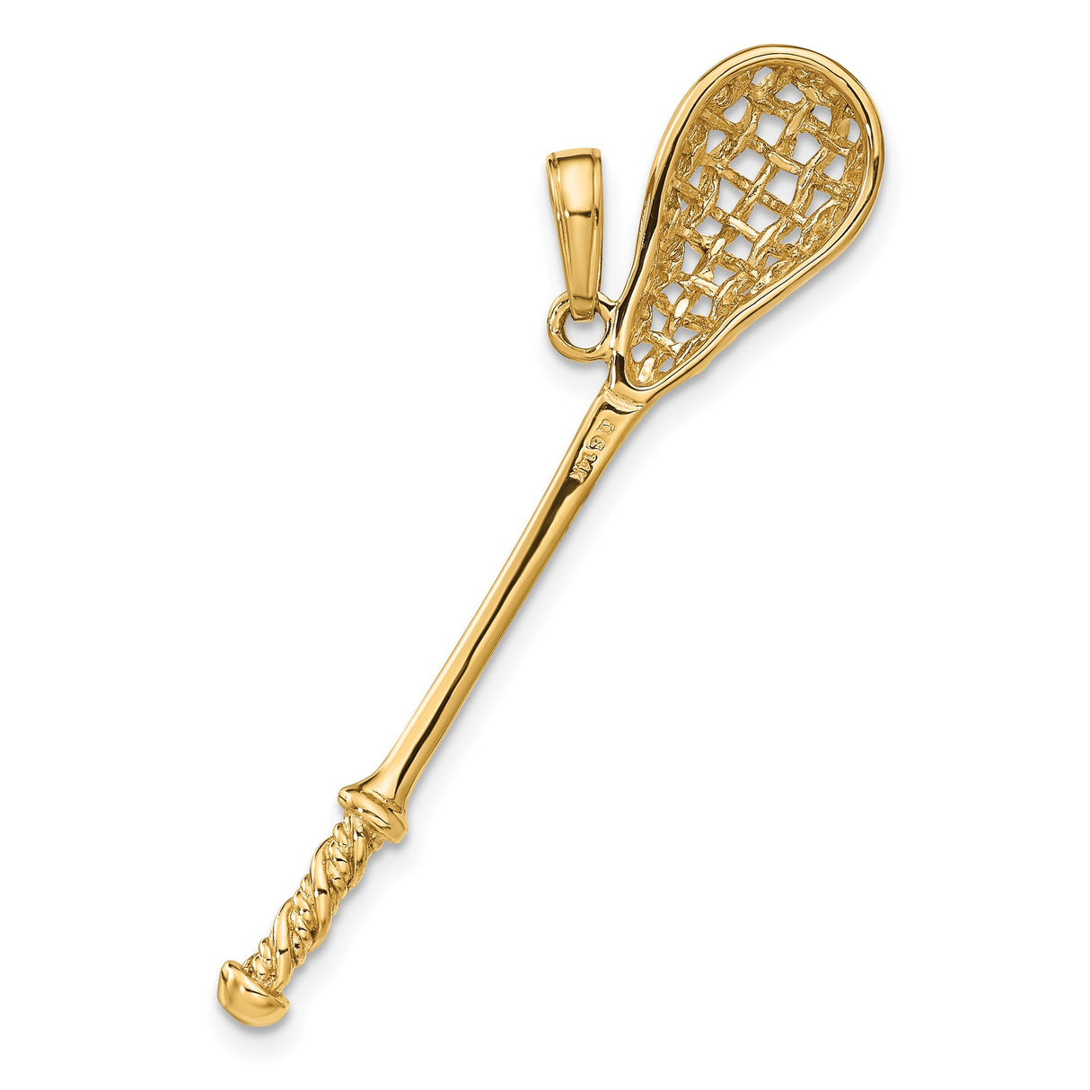 14k Yellow Gold Lacrosse Stick Pendant with Textured Handle and Mesh Head for Men or Unisex