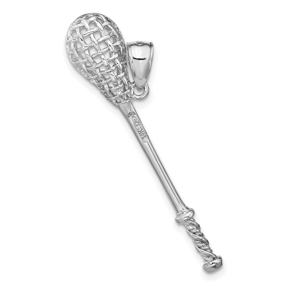 14k White Gold Lacrosse Stick Pendant with Detailed Netting and Handle Design