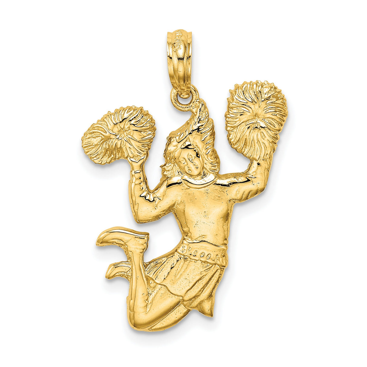 14k Yellow Gold Cheerleader Pendant with Pom-Poms in Mid-Jump , Sports Charm for Women or Teens