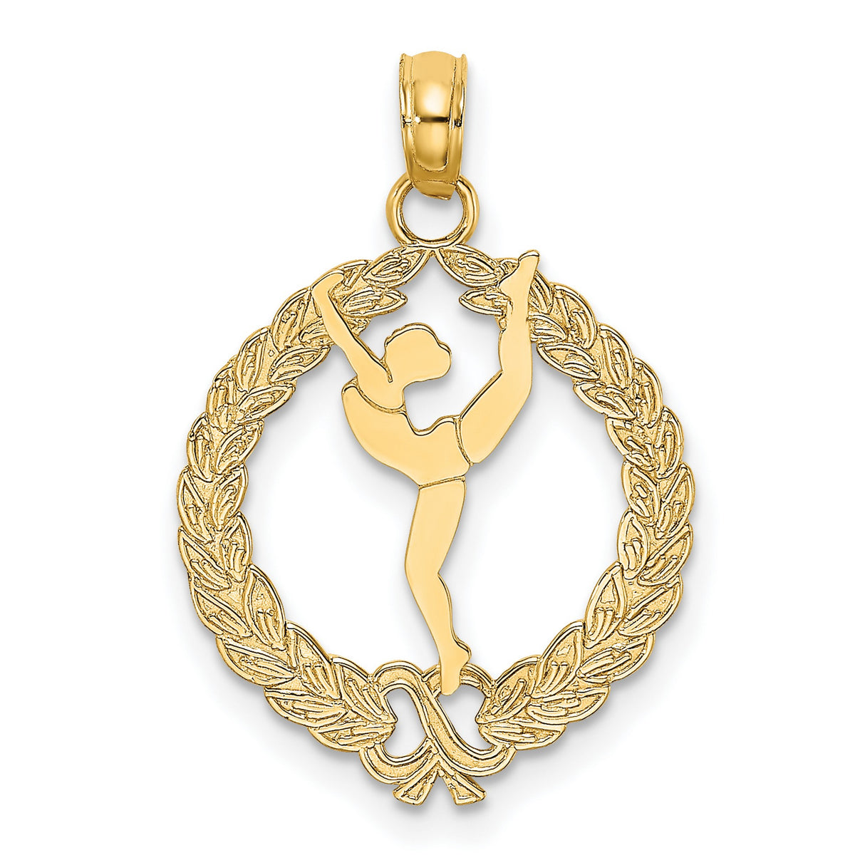 14k Yellow Gold Ballerina Pendant with Laurel Wreath, Arabesque Dance Charm for Women