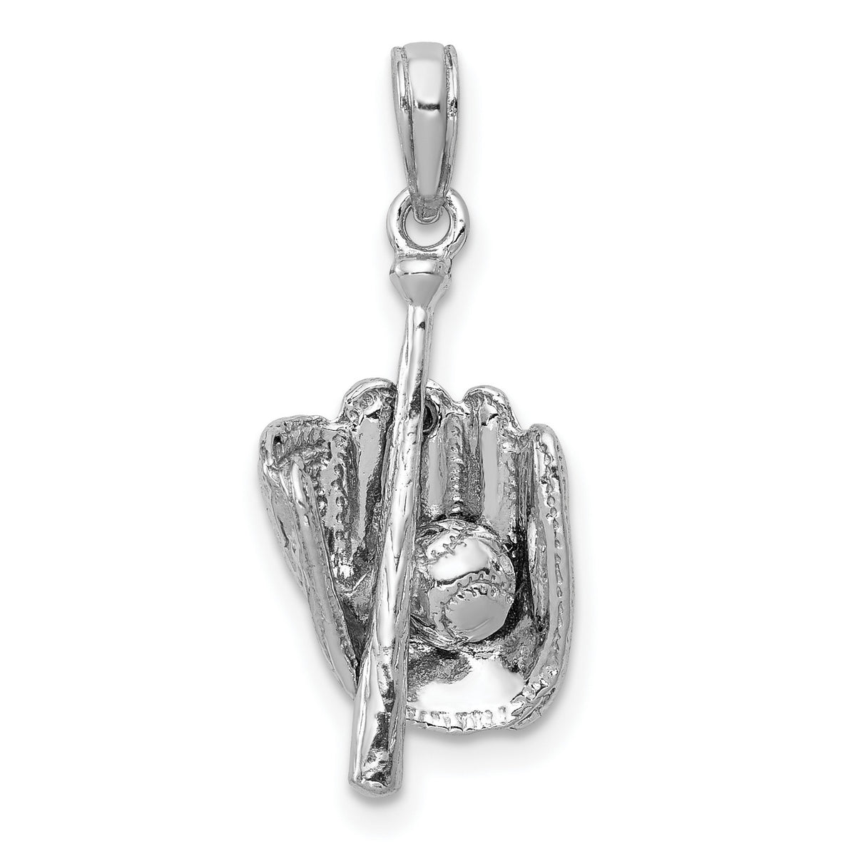 14k White Gold Baseball Pendant with Glove, Ball, and Bat Design