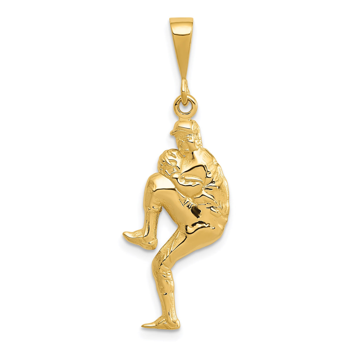 14k Yellow Gold Baseball Pitcher Pendant, Detailed Sports Charm in Mid-Pitch Pose for Men