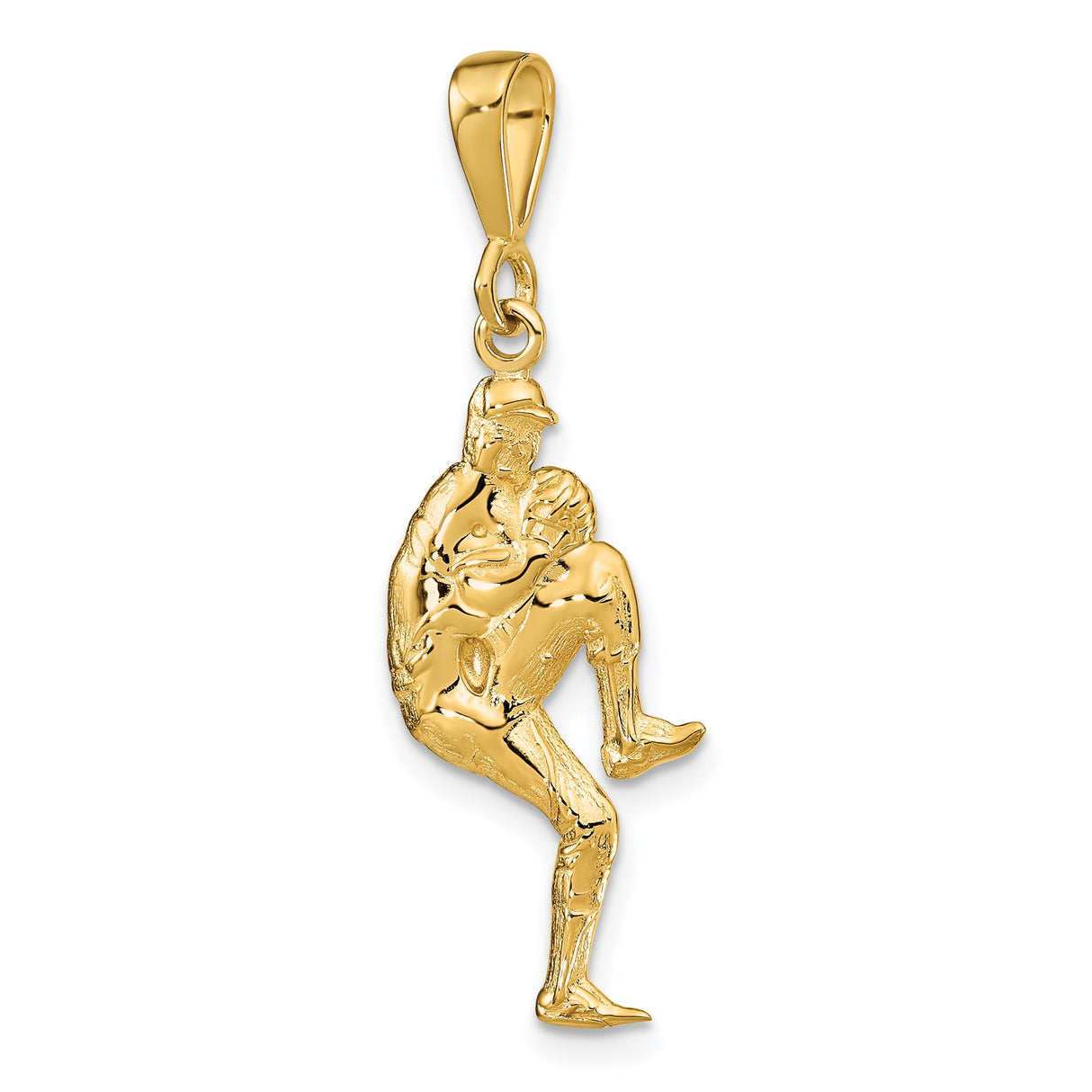 14k Yellow Gold Baseball Pitcher Pendant, Detailed Sports Charm in Mid-Pitch Pose for Men