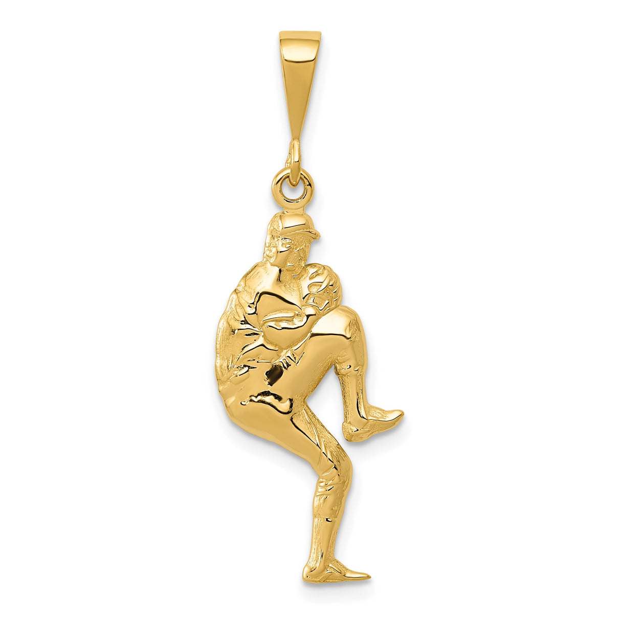 14k Yellow Gold Baseball Pitcher Pendant, Detailed Sports Charm in Mid-Pitch Pose for Men