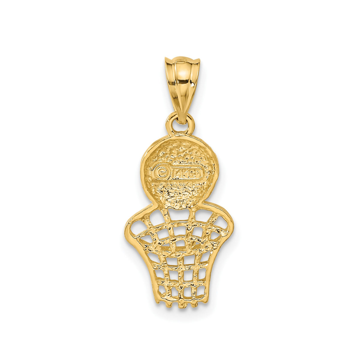 14k Yellow Gold Basketball Pendant with Textured Ball and Hoop Design, Unisex Sports Charm