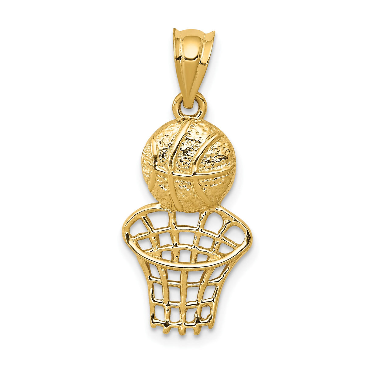 14k Yellow Gold Basketball Pendant with Textured Ball and Hoop Design, Unisex Sports Charm