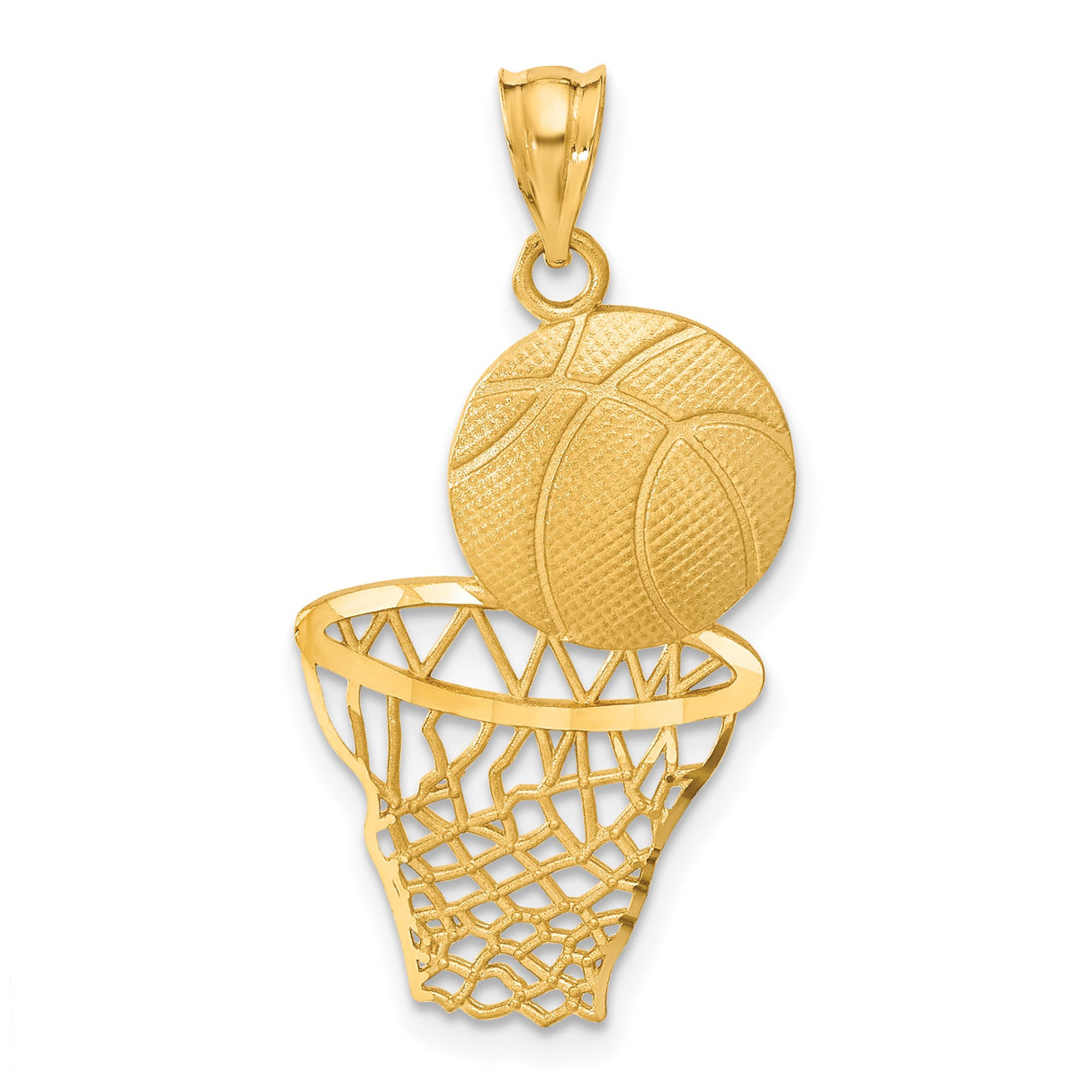 14k Yellow Gold Basketball Pendant with Hoop Net Design, Sports Charm for Men and Women