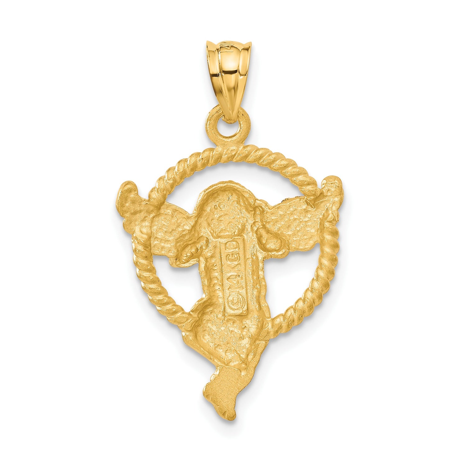 14k Yellow Gold Angel Pendant with Cherub and Outstretched Wings in Rope Circle