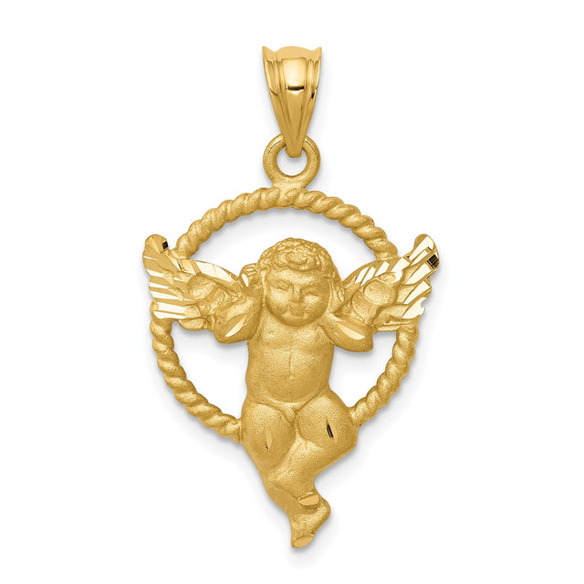 14k Yellow Gold Angel Pendant with Cherub and Outstretched Wings in Rope Circle