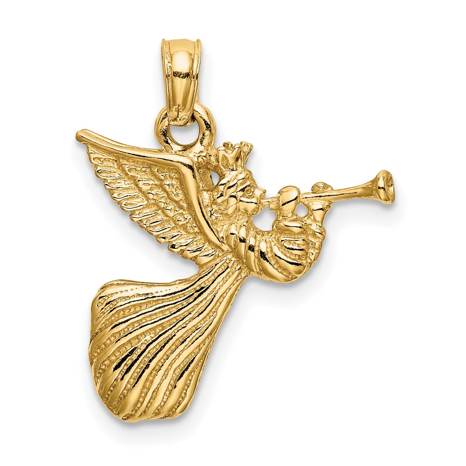 14k Yellow Gold Angel Pendant, Trumpet Blowing Design, Symbol of Faith and Protection