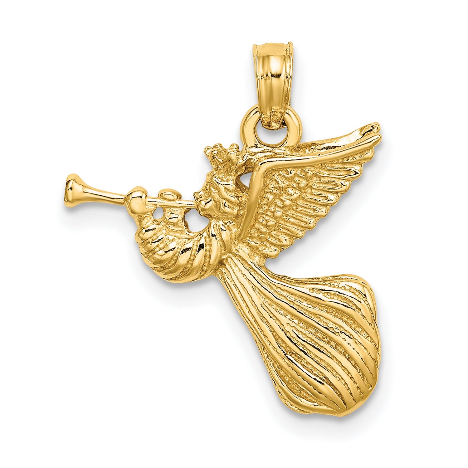 14k Yellow Gold Angel Pendant, Trumpet Blowing Design, Symbol of Faith and Protection