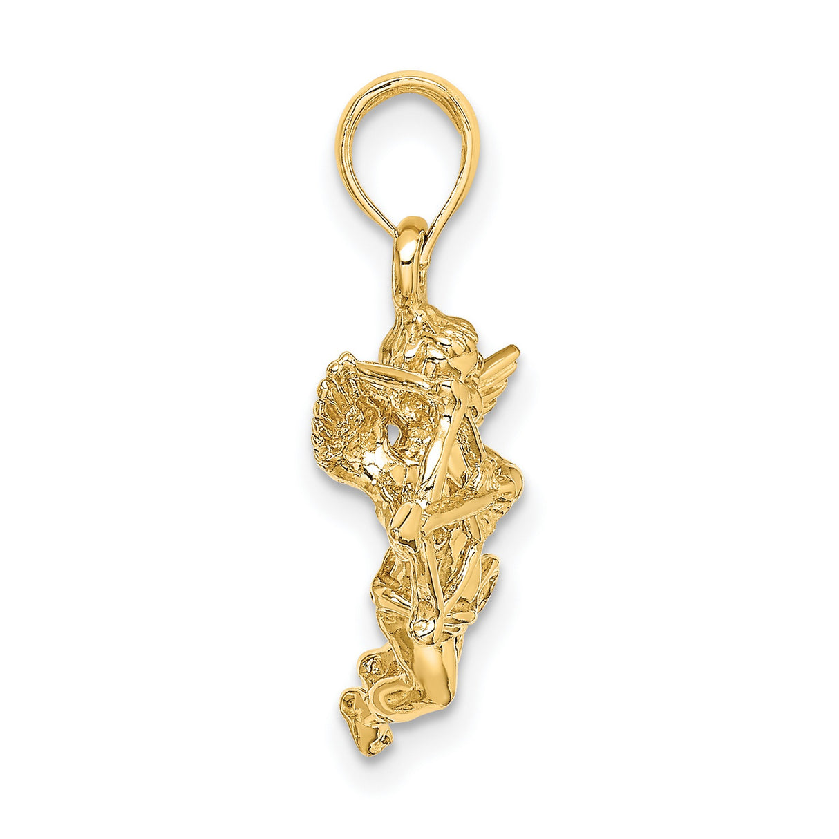 14k Yellow Gold Cupid Pendant with Bow and Arrow, Winged Cherub Angel Charm