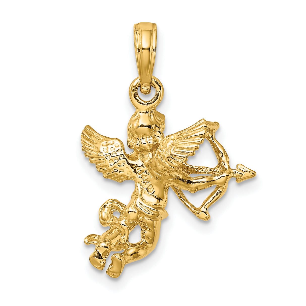 14k Yellow Gold Cupid Pendant with Bow and Arrow, Winged Cherub Angel Charm