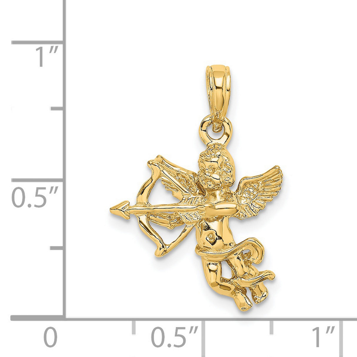 14k Yellow Gold Cupid Pendant with Bow and Arrow, Winged Cherub Angel Charm