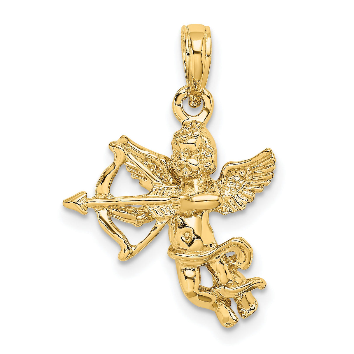 14k Yellow Gold Cupid Pendant with Bow and Arrow, Winged Cherub Angel Charm