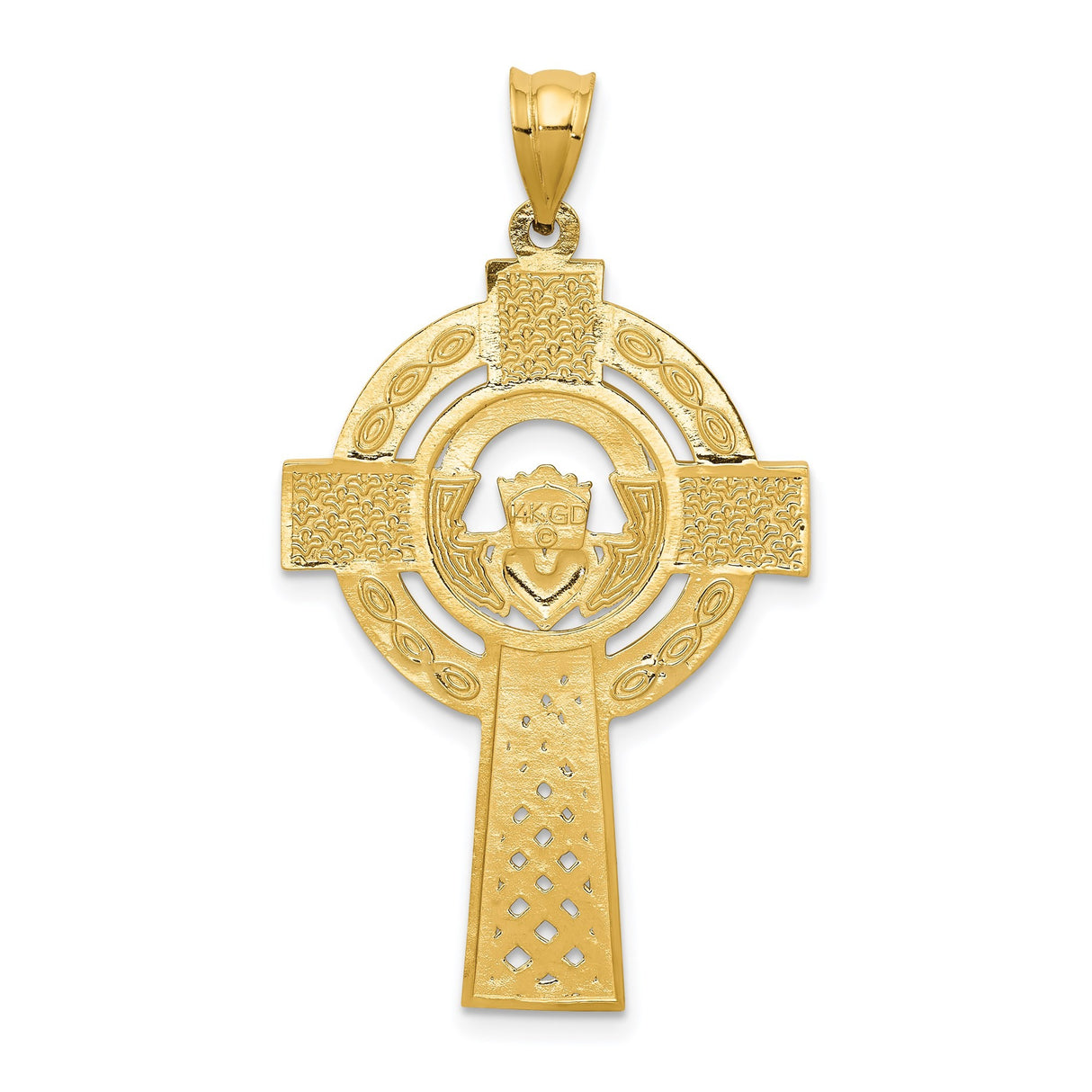 14k Yellow Gold Celtic Cross Pendant with Claddagh Symbol and Knotwork Design