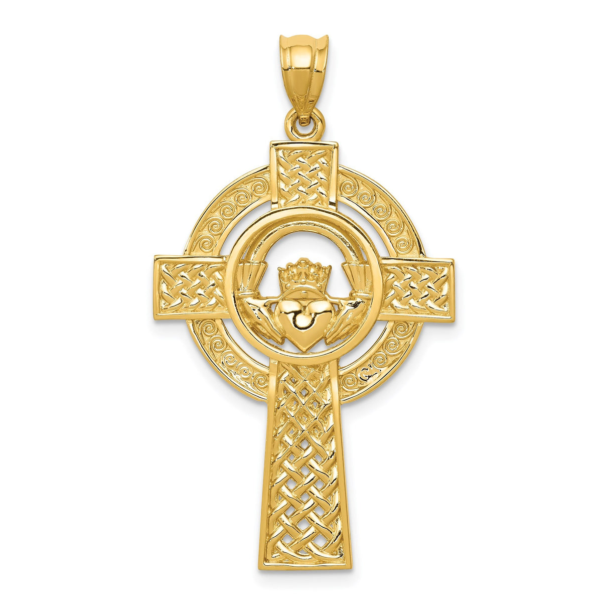 14k Yellow Gold Celtic Cross Pendant with Claddagh Symbol and Knotwork Design