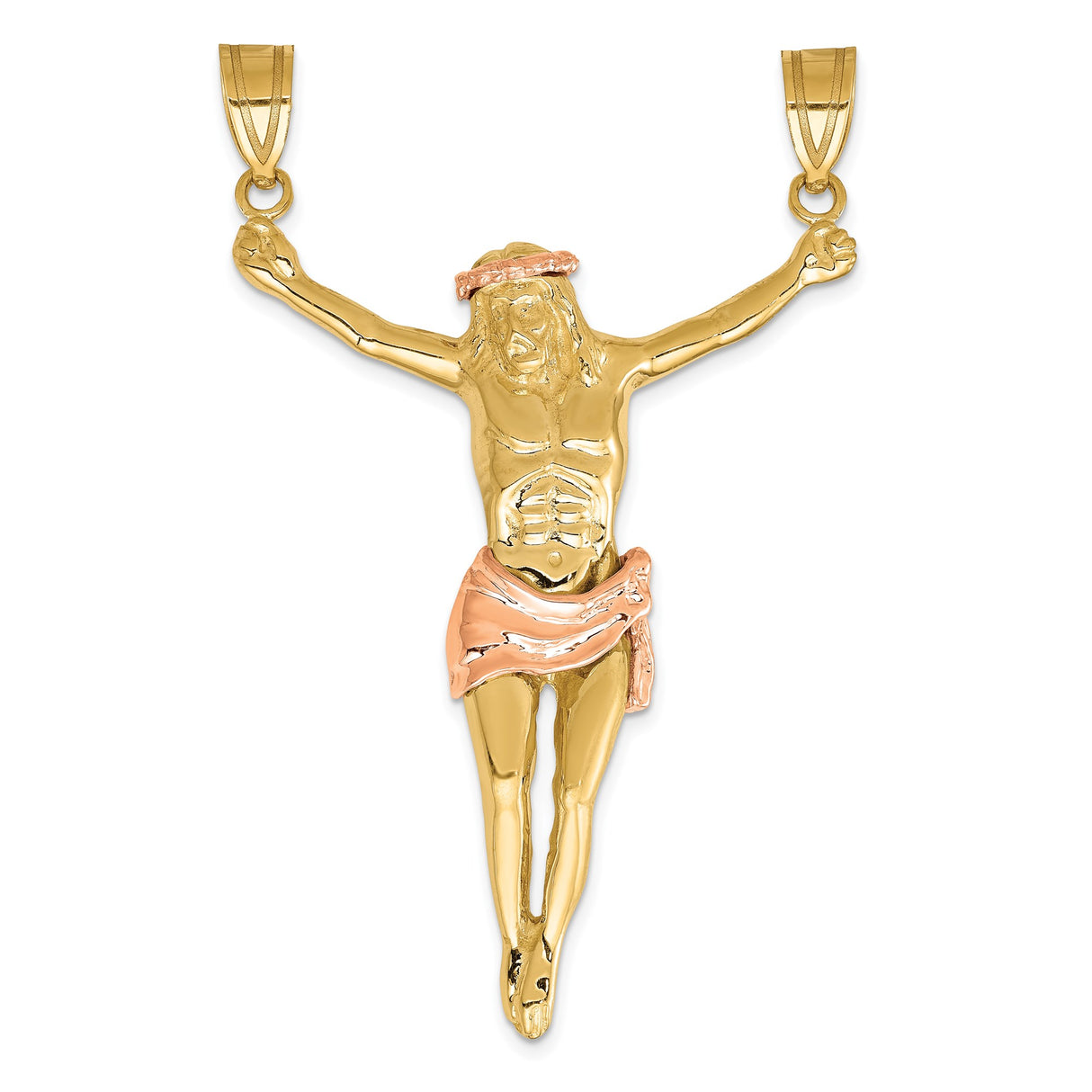 14k Two-Tone Gold Crucifix Pendant with Jesus, Rose Gold Crown and Loincloth, Catholic Cross Charm