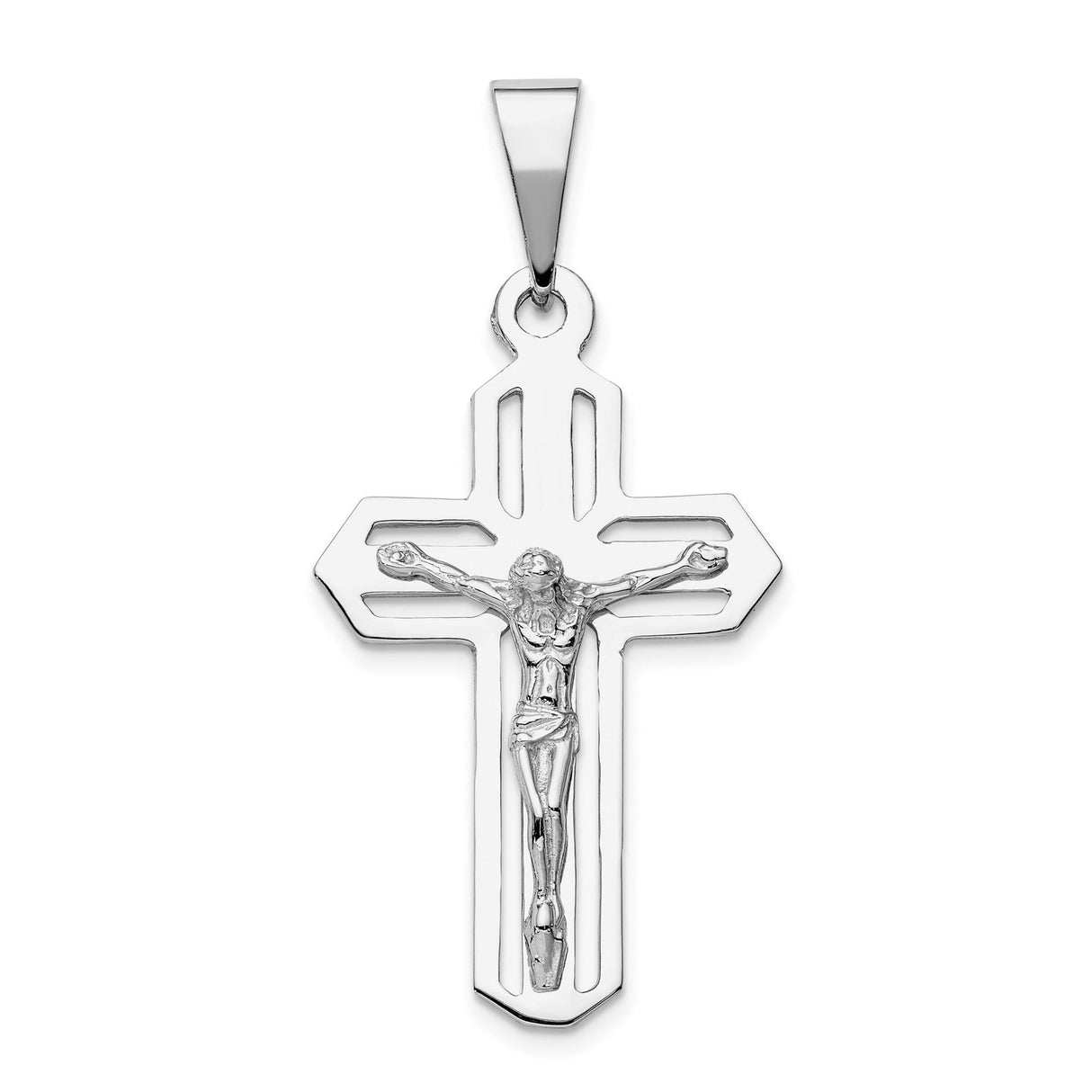 14k White Gold Crucifix Pendant with Detailed Christ Figure in Openwork Religious Design