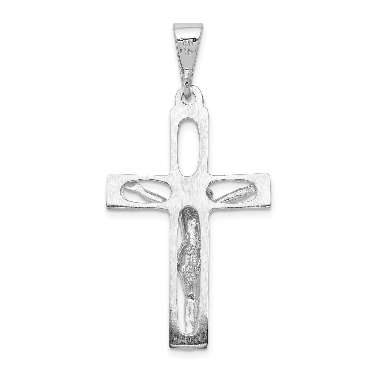 14k White Gold Crucifix Pendant with Raised Christ Figure, Latin Cross Religious Charm
