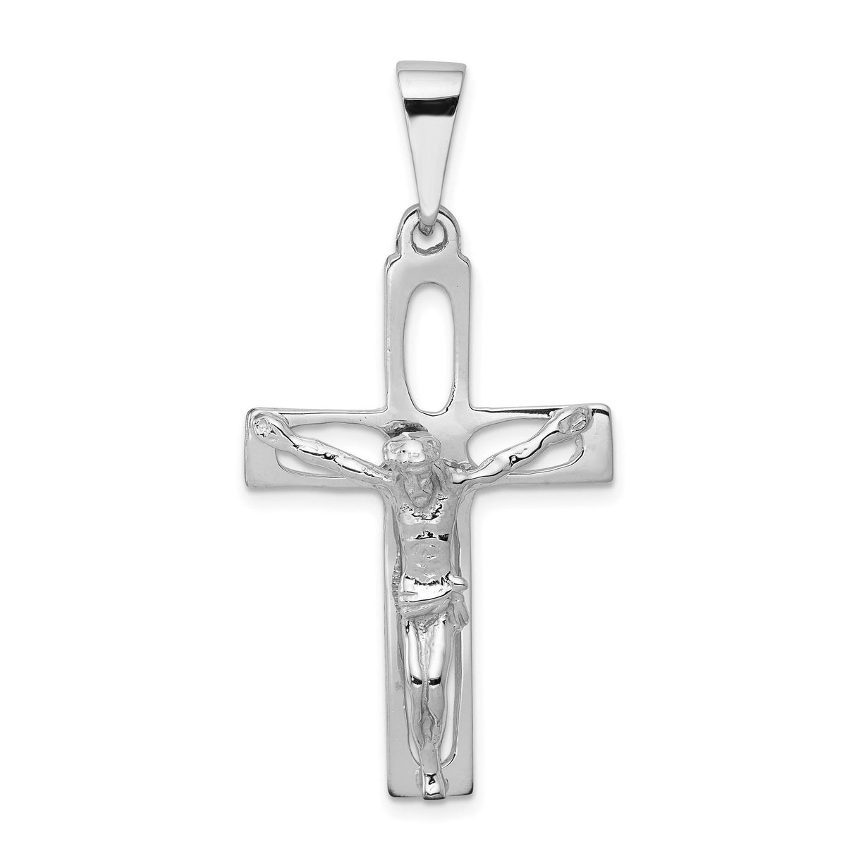 14k White Gold Crucifix Pendant with Raised Christ Figure, Latin Cross Religious Charm