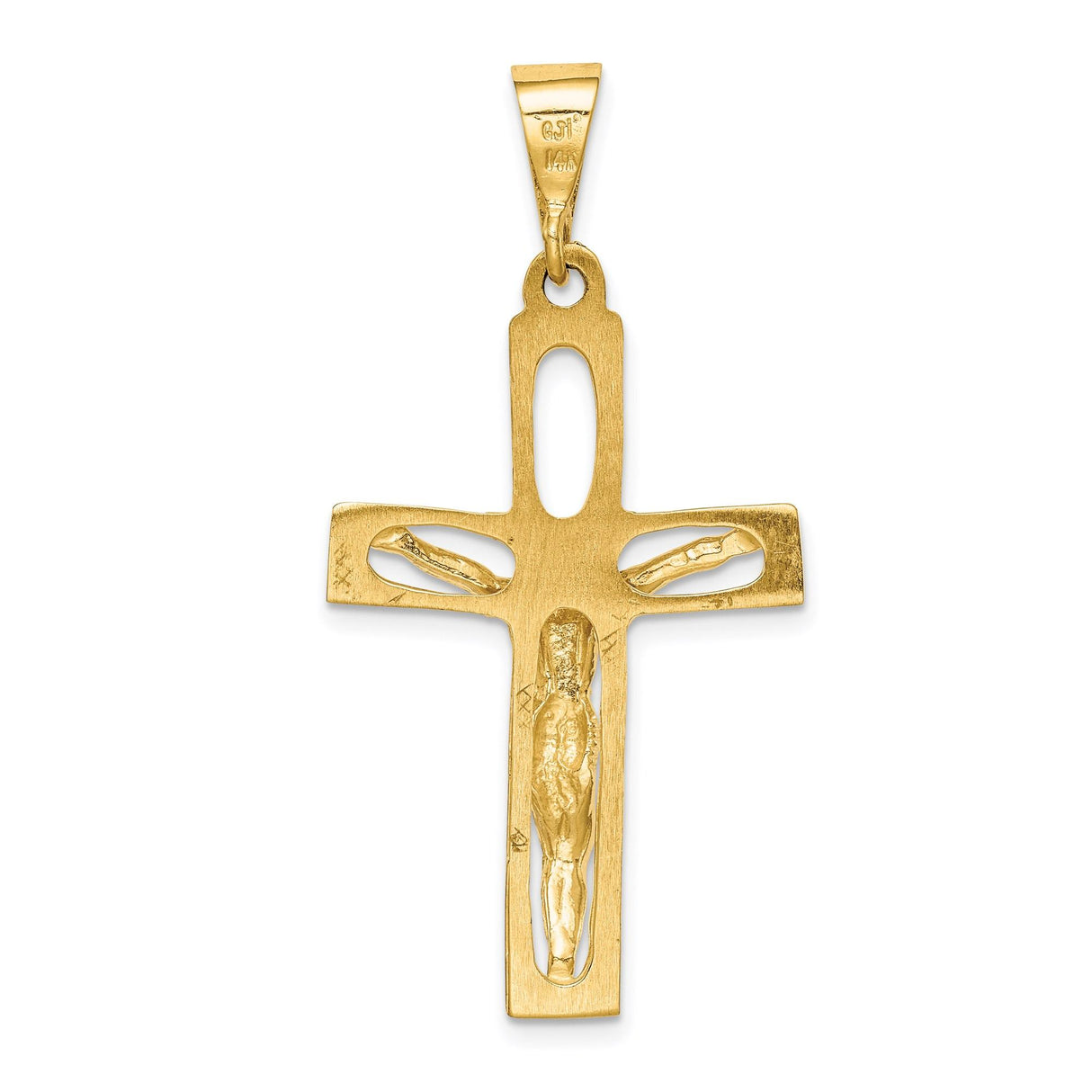 14k Yellow Gold Cut-Out Latin Crucifix Pendant with Detailed Jesus Figure Religious Charm