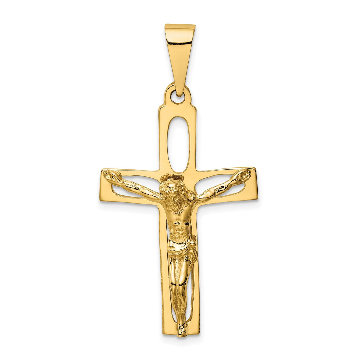 14k Yellow Gold Cut-Out Latin Crucifix Pendant with Detailed Jesus Figure Religious Charm