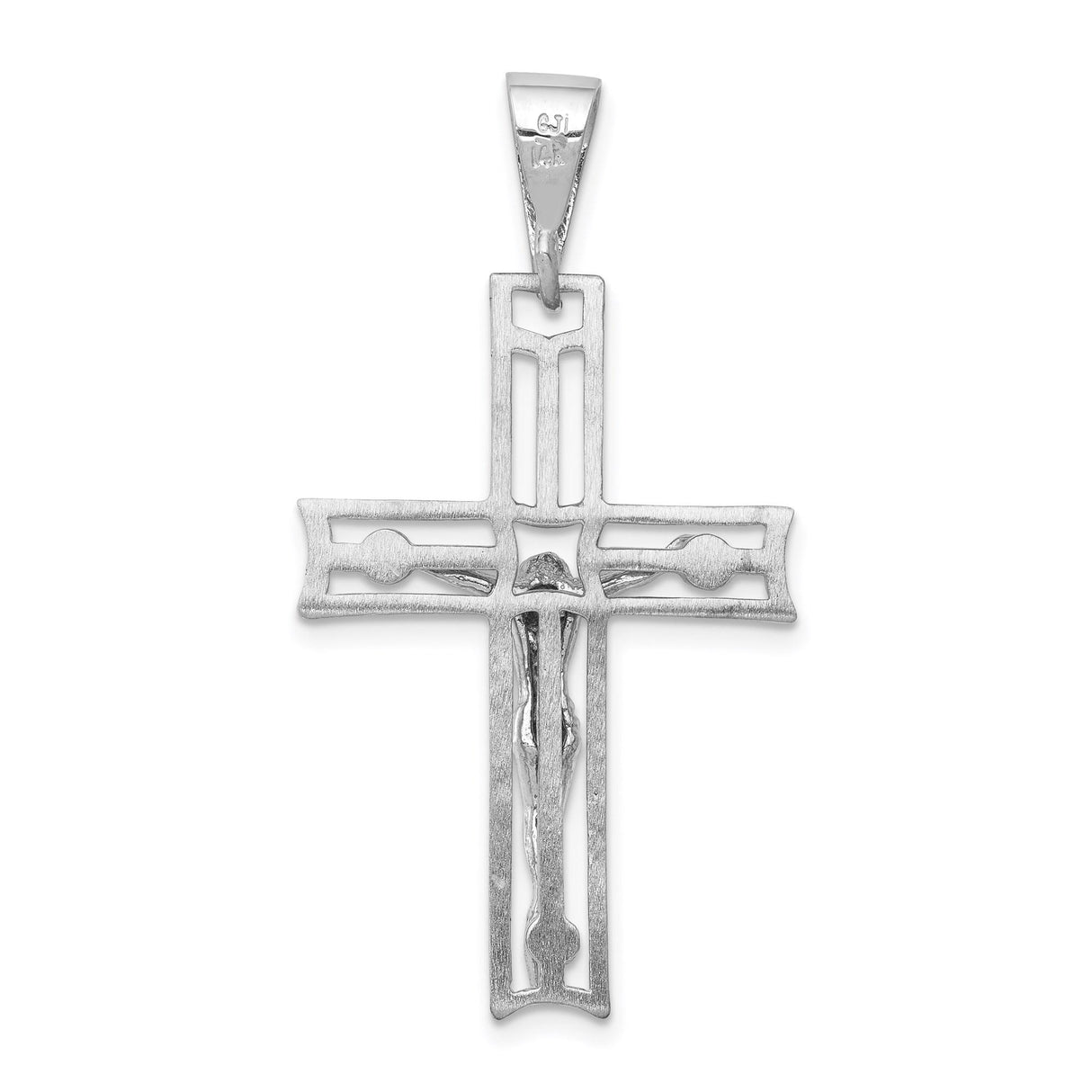14k White Gold Crucifix Pendant with Jesus Figure, Polished Cross and Beveled Edges