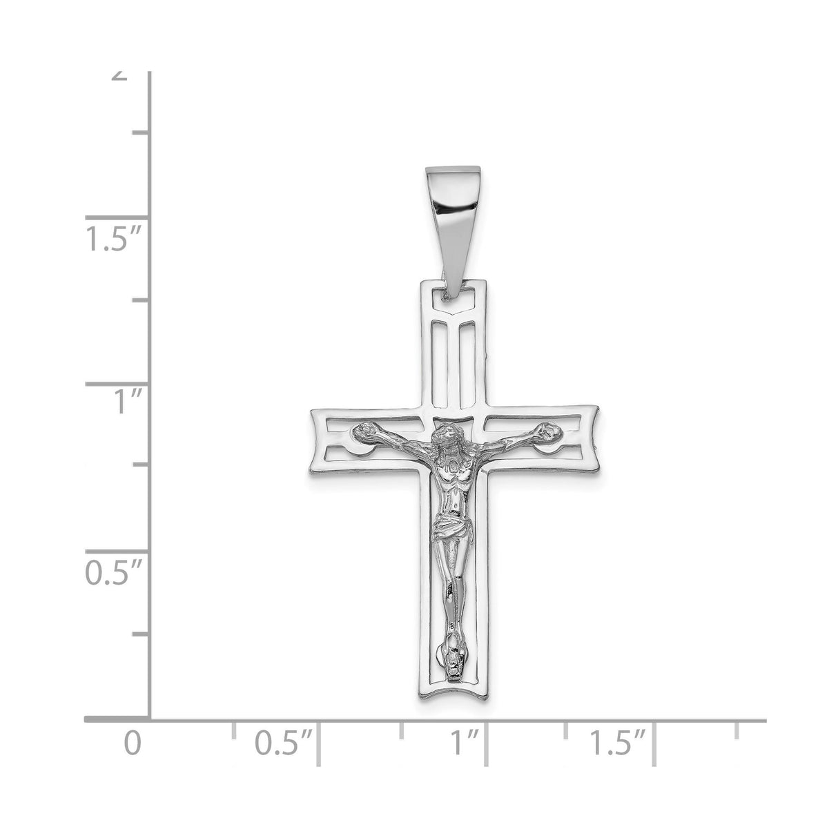 14k White Gold Crucifix Pendant with Jesus Figure, Polished Cross and Beveled Edges