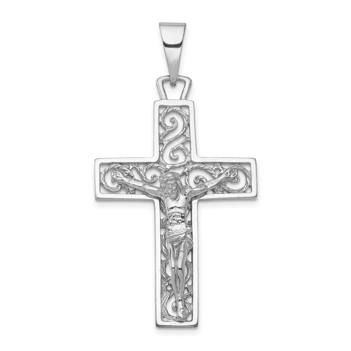 14k White Gold Crucifix Cross Pendant with Jesus, Christian Religious Charm for Men and Women