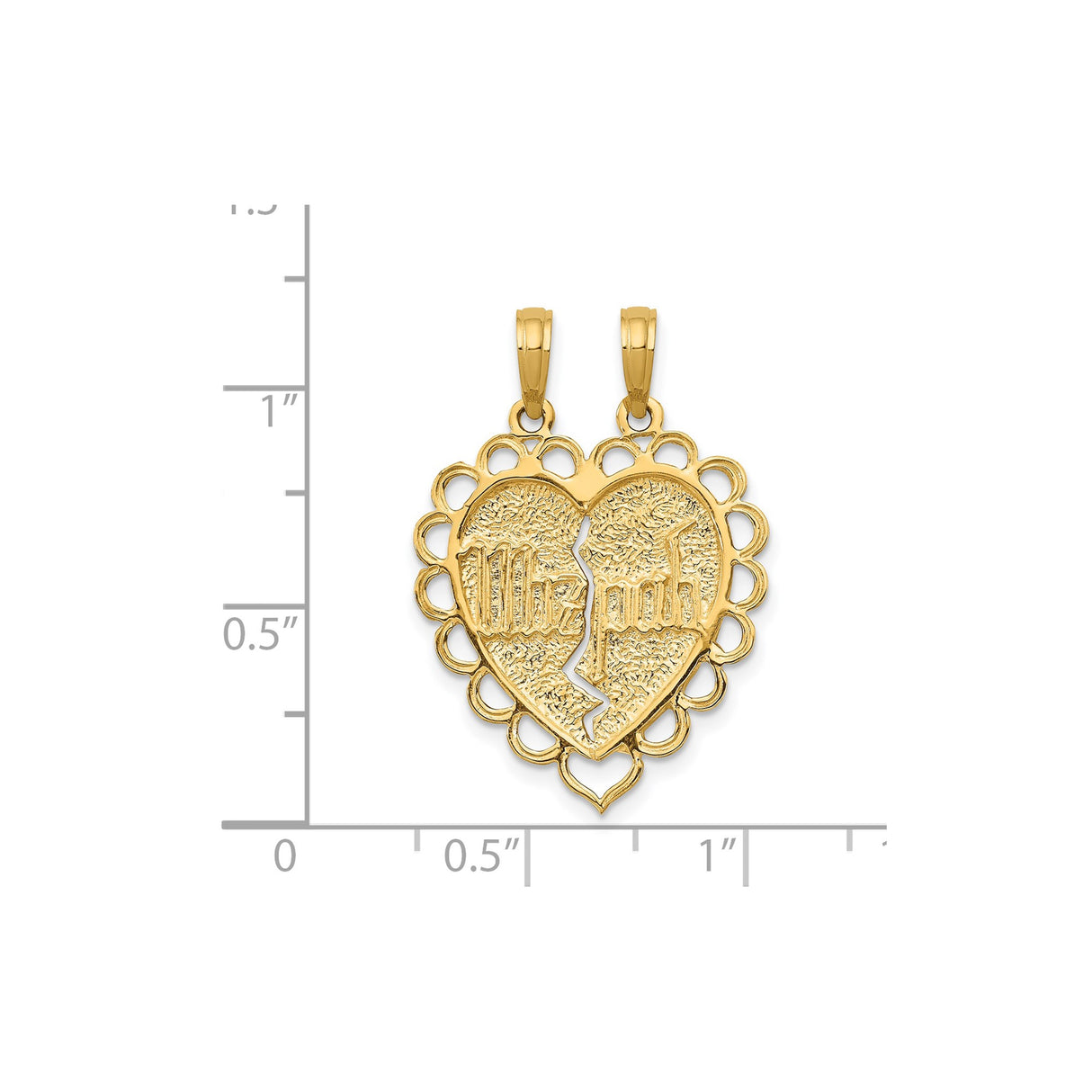 14k Yellow Gold Split Heart Pendant with Gothic Me You Engraving and Lace Edge