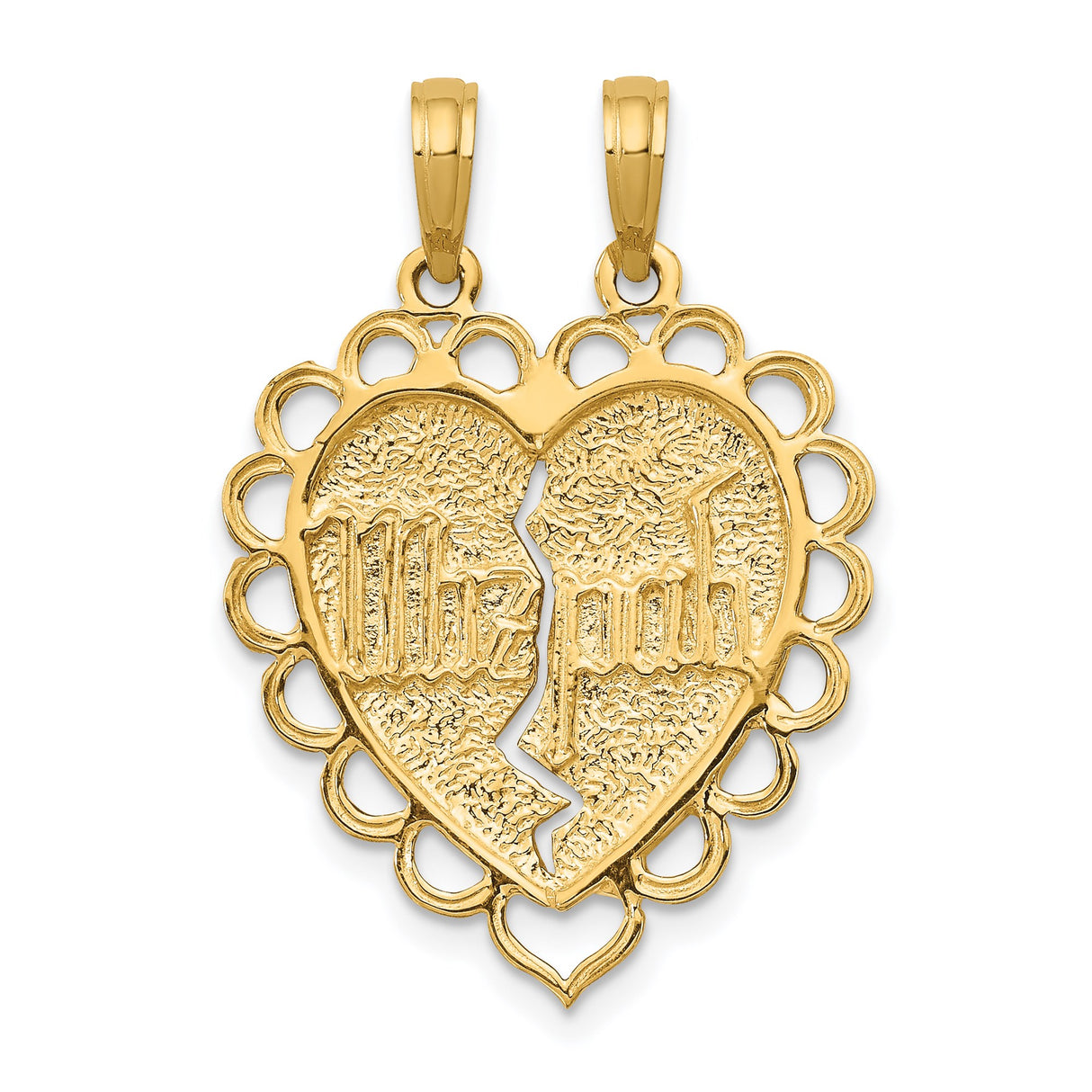 14k Yellow Gold Split Heart Pendant with Gothic Me You Engraving and Lace Edge