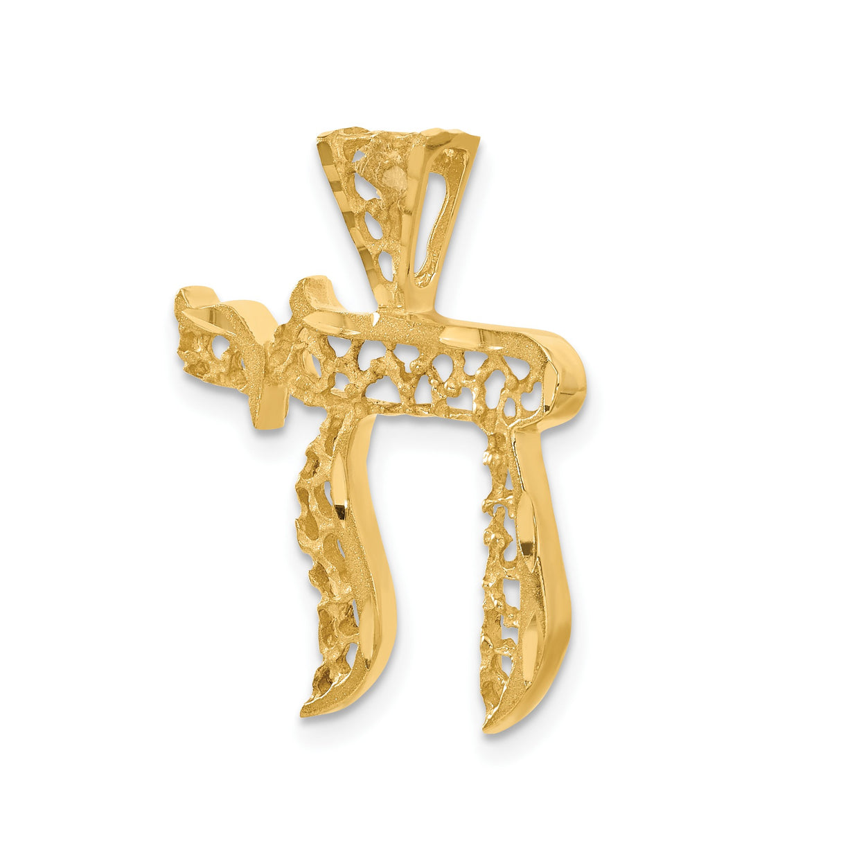 14k Yellow Gold Chai Pendant, Textured Openwork Hebrew Symbol of Life, Filigree Jewish Jewelry