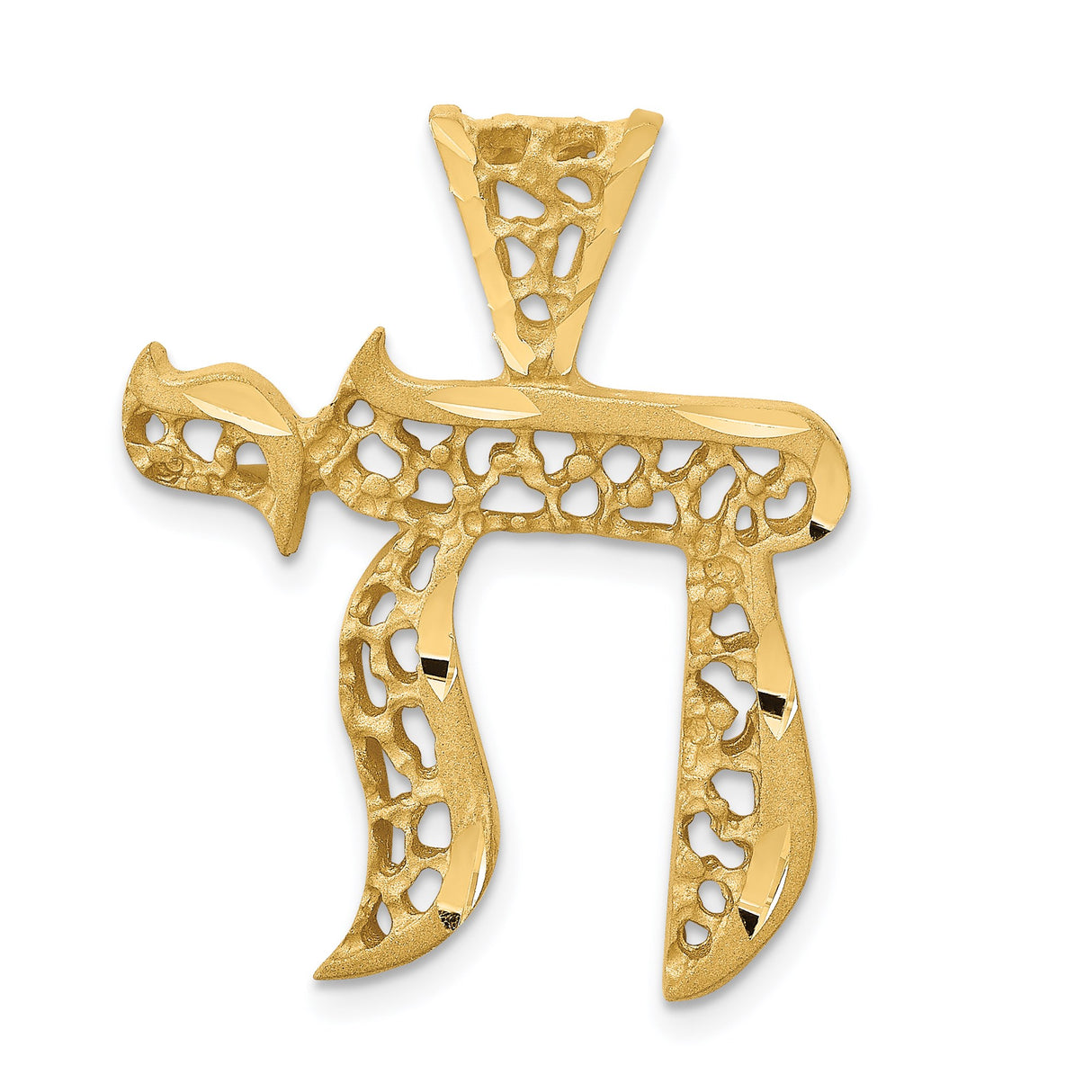 14k Yellow Gold Chai Pendant, Textured Openwork Hebrew Symbol of Life, Filigree Jewish Jewelry