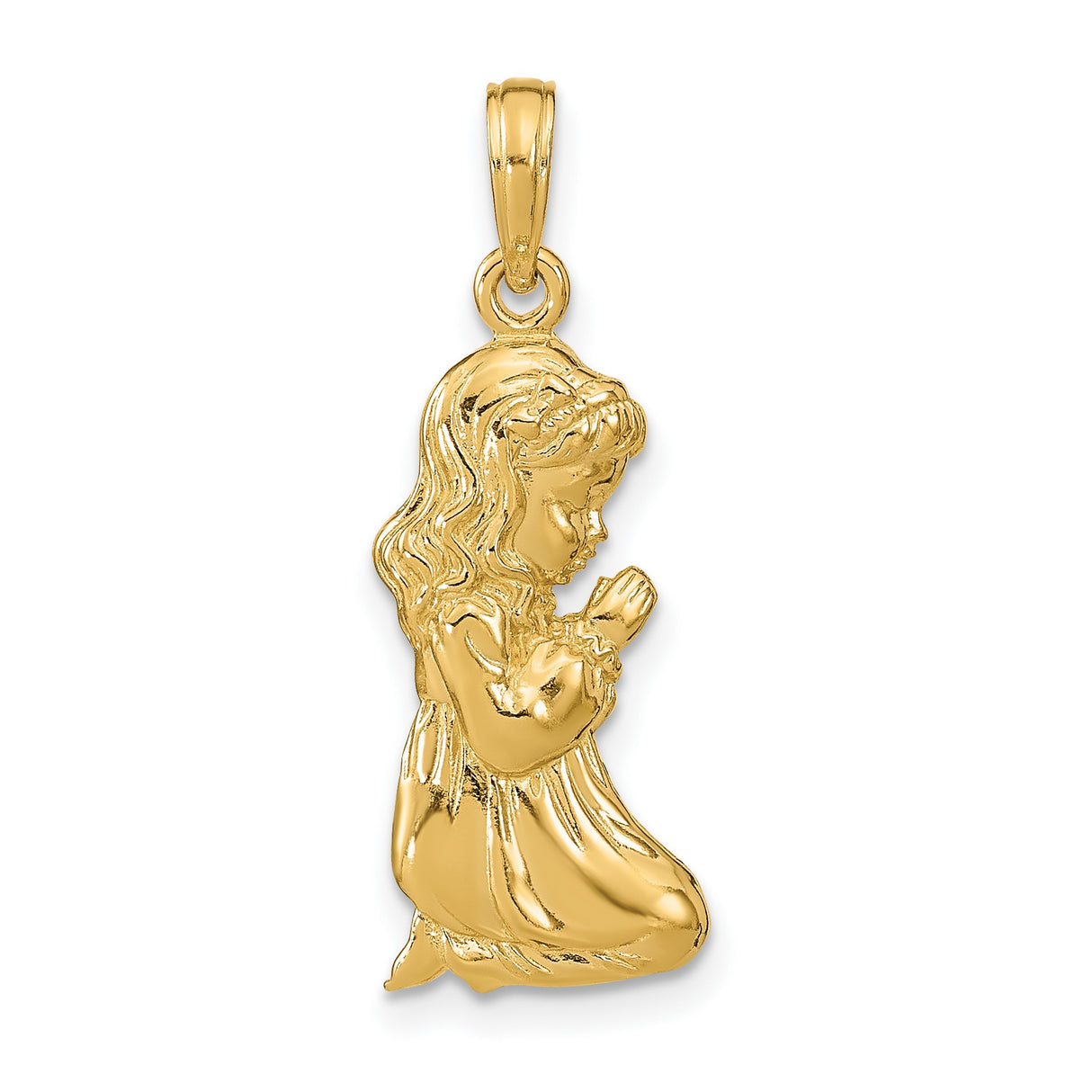 14k Yellow Gold Kneeling Girl Prayer Pendant, Religious Charm Symbolizing Faith and Devotion