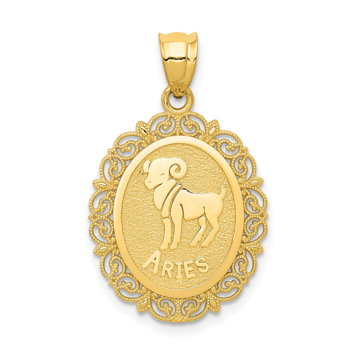 14k Yellow Gold Aries Zodiac Pendant with Ram Symbol and Filigree Border